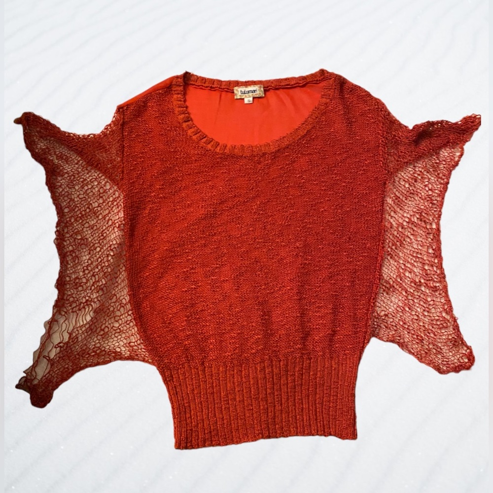 Lulumari Orange Sweater Blouse Small Butterfly Sleeves Knit Unique - Picture 5 of 8